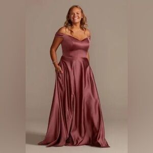 BLACK ONLY - Celebrate DB Studio Off-Shoulder Satin A-Line Dress